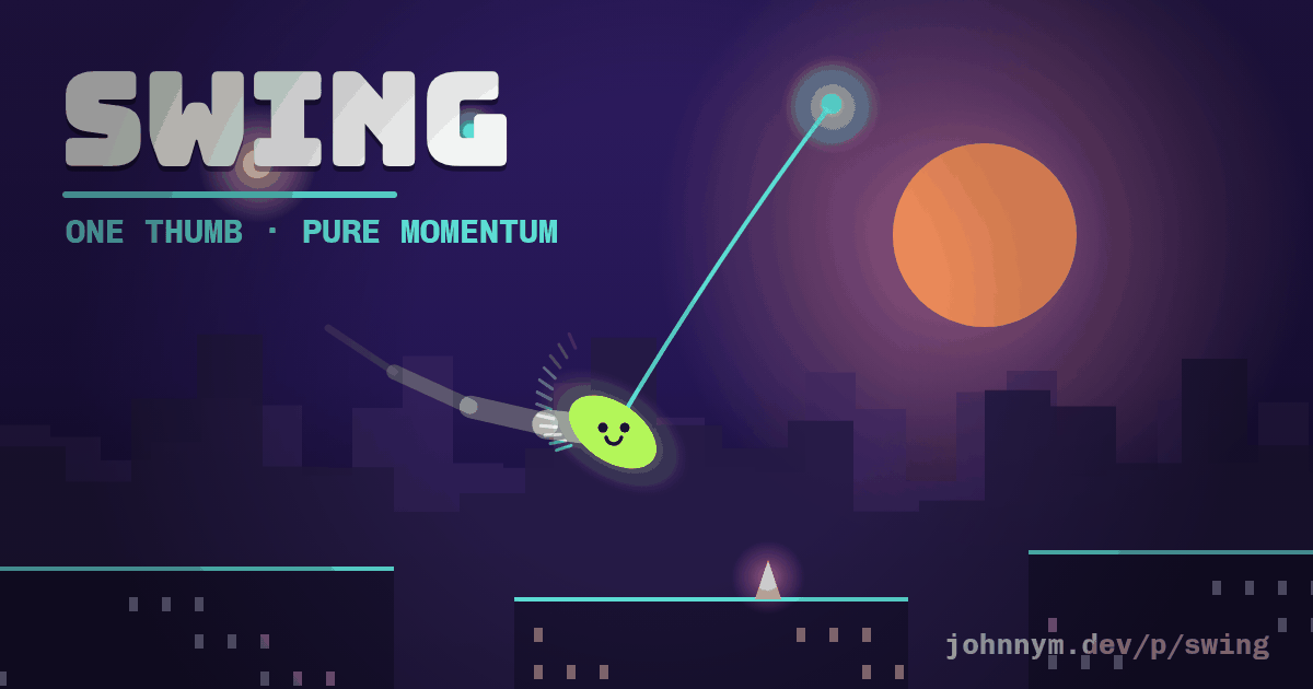SWING — fire a rope, ride the arc, let go at the apex. One-thumb momentum through a neon-dusk skyline.